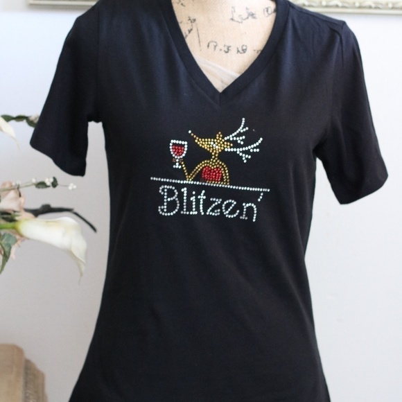 BLITZEN Rhinestone V Neck Fitted T-Shirt - Picture 1 of 4